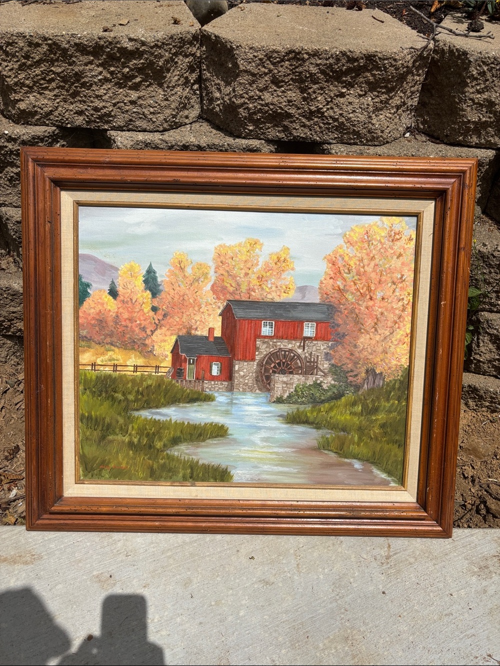 Framed Red Mill Landscape Painting - Autumn Watermill Wall Art